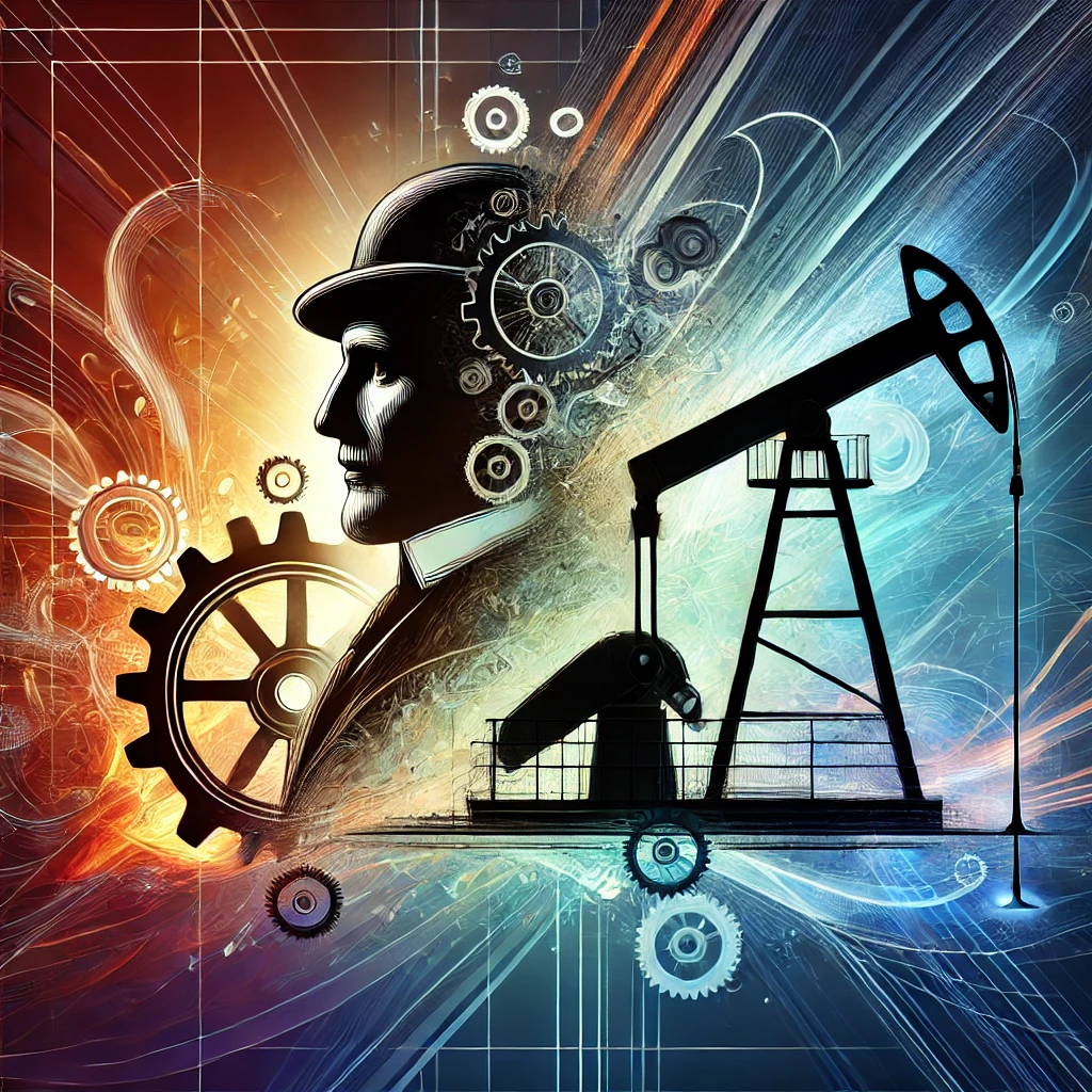 A modern abstract image symbolizing innovation in the oil industry, featuring a stylized silhouette of an inventor with integrated gears and machinery, a prominent pumpjack, and dynamic lines representing energy and progress. This artwork reflects the spirit of creativity and industrial advancement, inspired by Julie Austin and Creative Innovation Group.