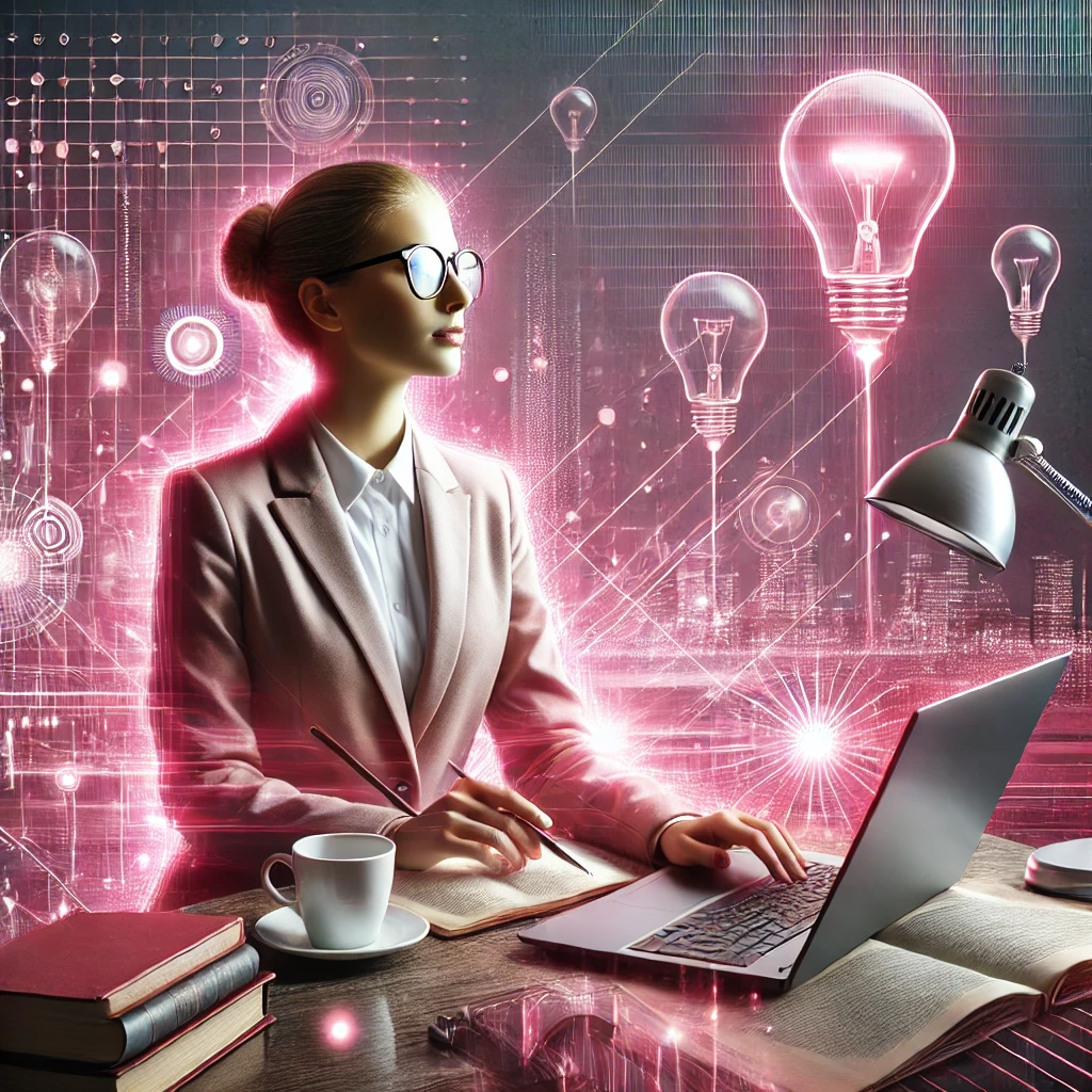 A realistic, modern image featuring a professional woman in a sleek workspace with a pink color palette, symbolizing knowledge and innovation. This image represents the themes of intellectual growth and creativity, inspired by Julie Austin and Creative Innovation Group.